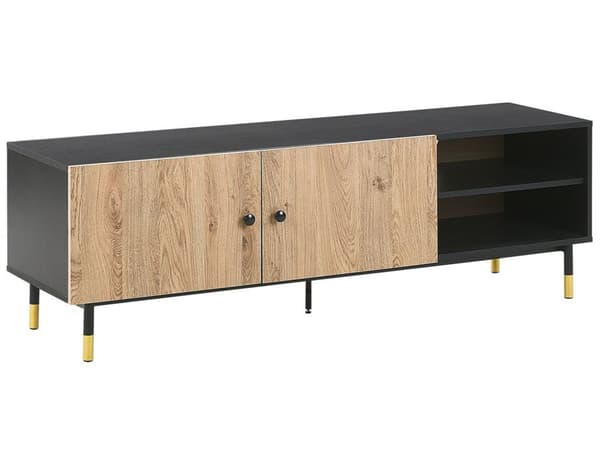 TV-stativ Svart og Lys Sponplate Metallben for TV opptil 65'' med Hyller Oppbevaringsfunksjon