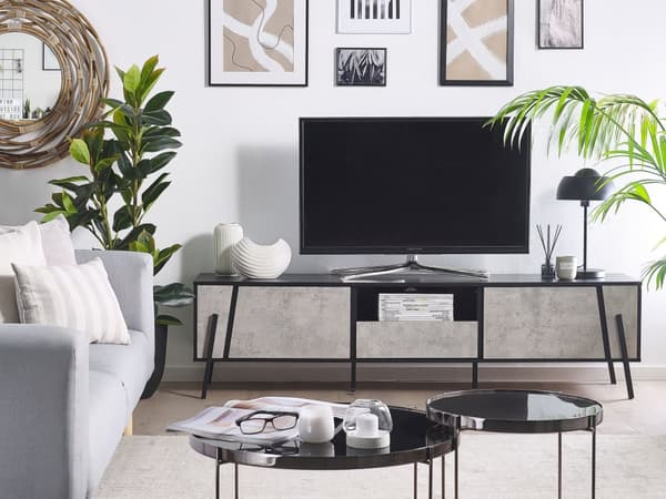 TV-benk Betongeffekt Svart Metallben for opptil 75ʺ med 1 Skuff og 2 Skap Industriell Skap