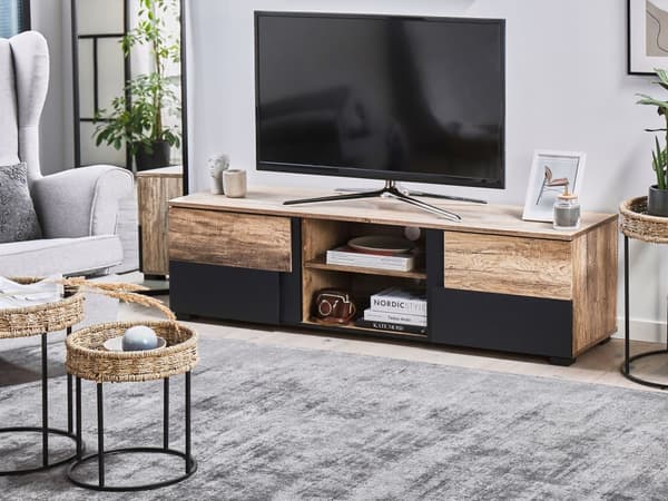 TV-stativ i Lyst Tre og Svart Sponplate til 68'' TV Hyller Dører Kabelføringshull Moderne Design