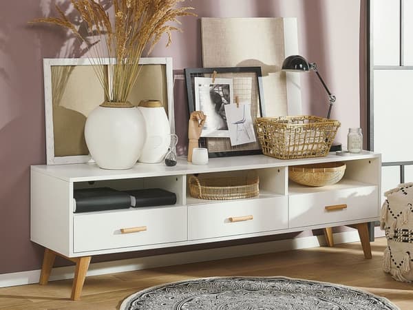 TV-stativ Hvitt med Lyst Tre 55 x 180 x 40 cm Mediemøbel med Hyller og Skuffer