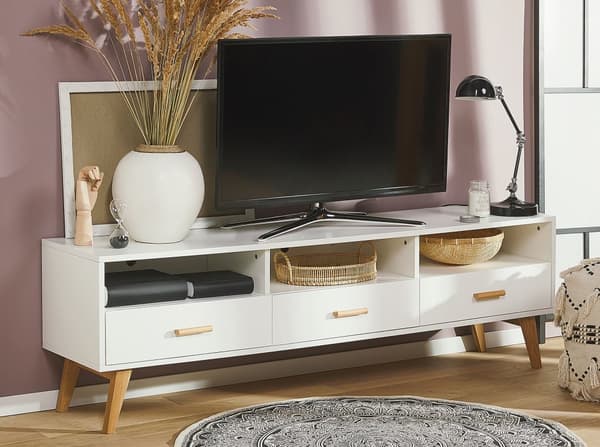 TV-stativ Hvitt med Lyst Tre 55 x 180 x 40 cm Mediemøbel med Hyller og Skuffer