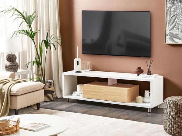 TV-benk Hvit Lyst tre MDF Høyglans Skap Åpne hyller 2 skuffer Minimalistisk Stue