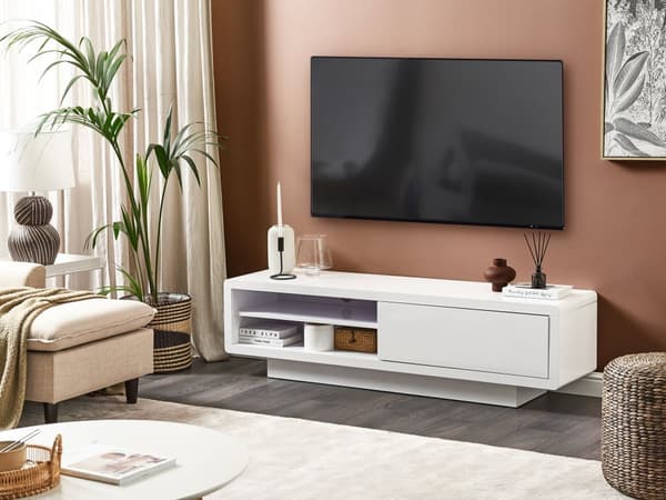 TV-benk Hvit MDF Høyglans Skap Åpne Hyller Kabelgjennomføringer Minimalistisk