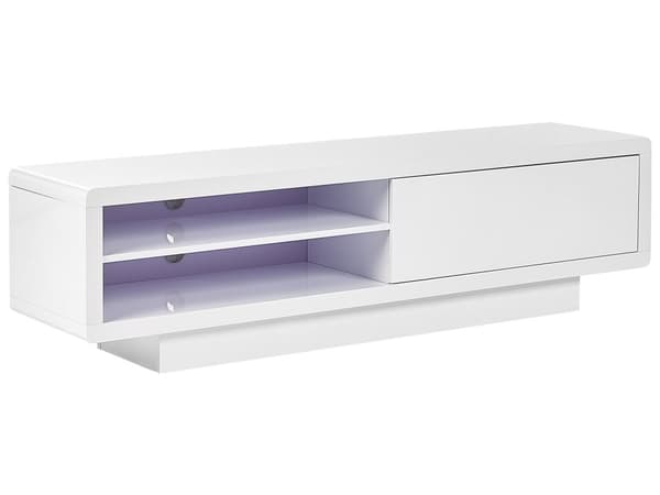 TV-benk Hvit MDF Høyglans Skap Åpne Hyller Kabelgjennomføringer Minimalistisk