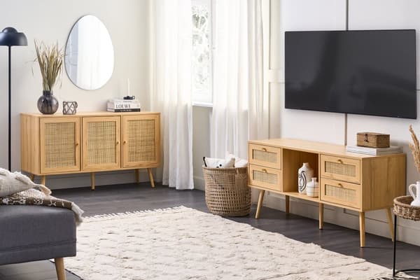 Skænk TV-bord Lyst Træ Fremstillet Træ med Rattan Fronter Fletvævet 4 Skuffer Boho Stil
