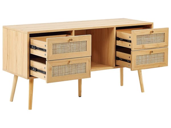 Skænk TV-bord Lyst Træ Fremstillet Træ med Rattan Fronter Fletvævet 4 Skuffer Boho Stil