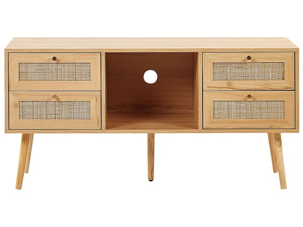 Skænk TV-bord Lyst Træ Fremstillet Træ med Rattan Fronter Fletvævet 4 Skuffer Boho Stil