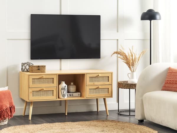 Skænk TV-bord Lyst Træ Fremstillet Træ med Rattan Fronter Fletvævet 4 Skuffer Boho Stil