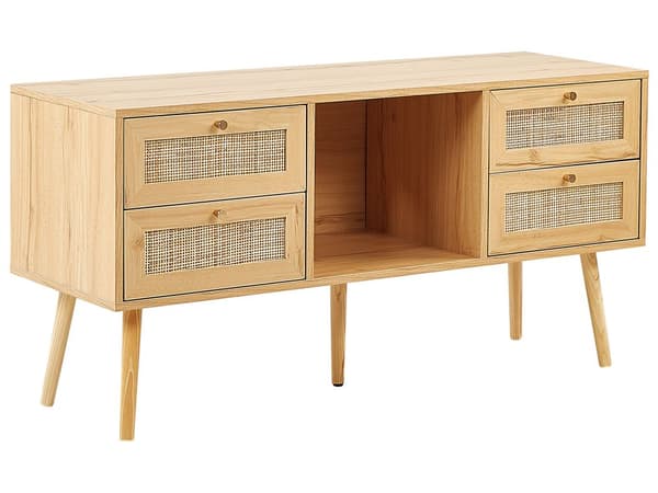 Skænk TV-bord Lyst Træ Fremstillet Træ med Rattan Fronter Fletvævet 4 Skuffer Boho Stil
