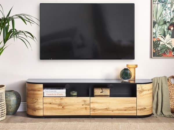 TV-taso vaalea puu musta 160 x 44 x 40 cm MDF-levy 2 laatikkoa 2 kaappia hyllyt rustiikkinen