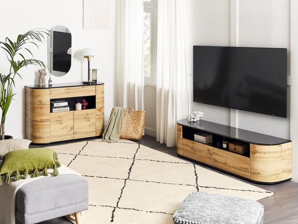 TV-benk Lyst tre Svart 2 Skuffer Kabelhåndtering Rustikk Stil Skjenk
