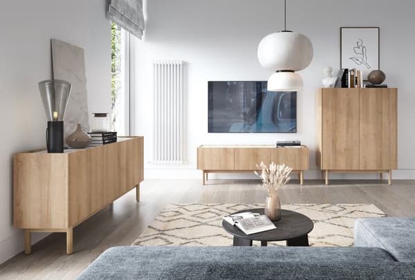 TV skab Bohemianova 144cm lang med egetræsfiner og marmor top - et elegant og stilfuldt møbel til din stue, stue