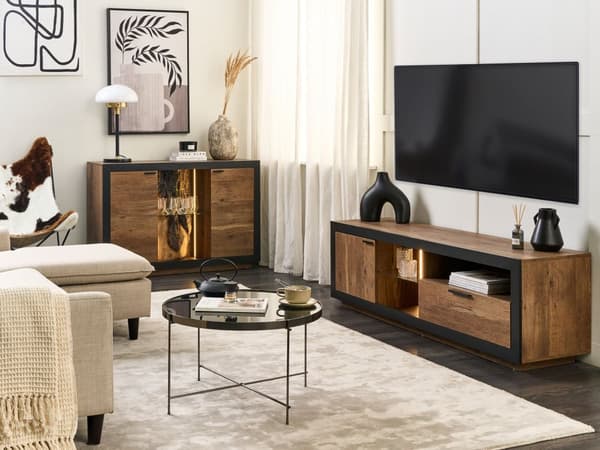 TV-bord Lys Træ og Sort Fremstillet Træ Skuffeskab Baggrundslys Funktion Boho Stil Skænk