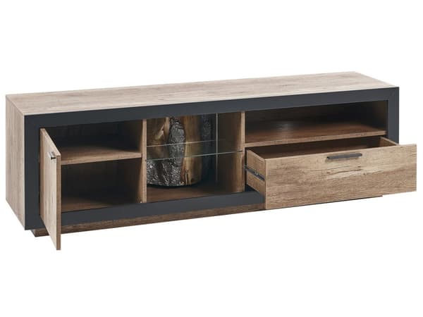 TV-bord Lys Træ og Sort Fremstillet Træ Skuffeskab Baggrundslys Funktion Boho Stil Skænk