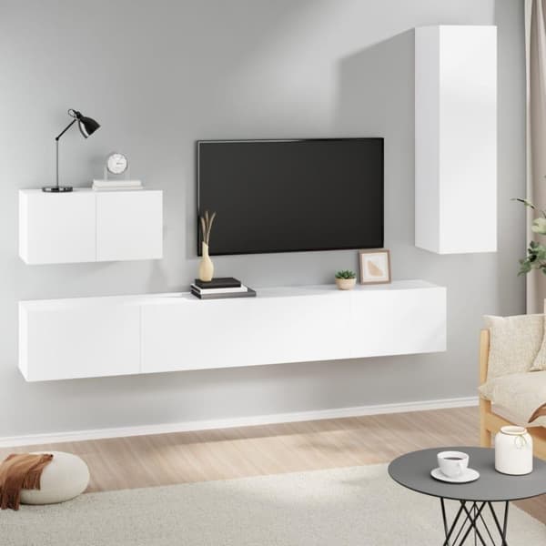 vidaXL TV-skapsett 4 deler hvit konstruert tre