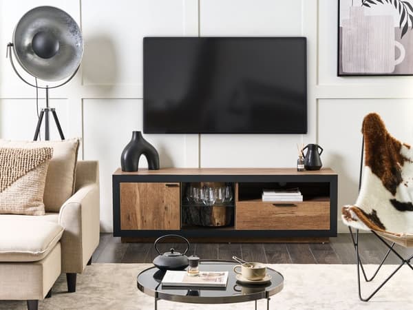TV-bänk Ljust Trä Svart Konstruerat Trä Förvaringslåda Bakgrundsbelysning Konstgjord Trädstubbe Boho Skänk Vardagsrum