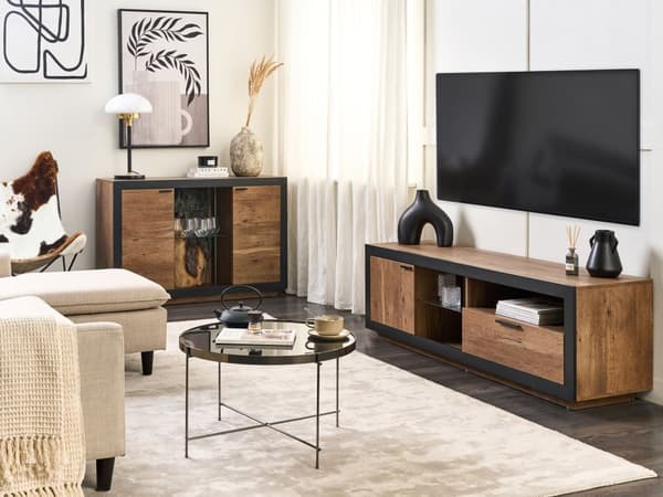 TV-bänk Ljust Trä Svart Konstruerat Trä Förvaringslåda Bakgrundsbelysning Konstgjord Trädstubbe Boho Skänk Vardagsrum