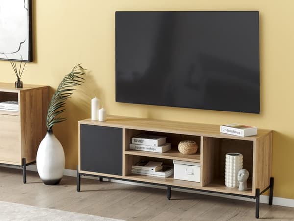TV Bord Lyst Træ Grå 140 x 40 cm TV Møbel med Opbevaring Hylder og Låg Fjernsynsbord til Stuen Mediebænk Bord Tilbehør