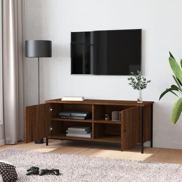 vidaXL tv-bord med låger 102x35x45 cm konstrueret træ brunt egetræ