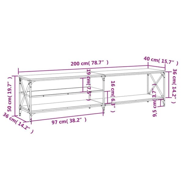 vidaXL tv-bord 200x40x50 cm konstrueret træ metal røget egetræsfarve
