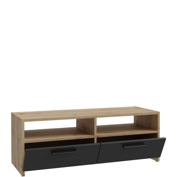 PILVI TV-skåp - Modern stil - Ek och svart dekor - 2 klaffar + 2 nischer - L 95 x D 36 x H 34,5 cm