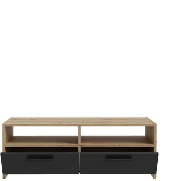 PILVI TV-skåp - Modern stil - Ek och svart dekor - 2 klaffar + 2 nischer - L 95 x D 36 x H 34,5 cm
