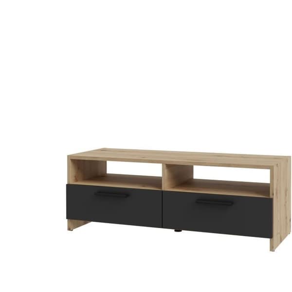 PILVI TV-skåp - Modern stil - Ek och svart dekor - 2 klaffar + 2 nischer - L 95 x D 36 x H 34,5 cm