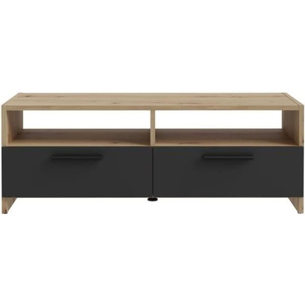 PILVI TV-skåp - Modern stil - Ek och svart dekor - 2 klaffar + 2 nischer - L 95 x D 36 x H 34,5 cm