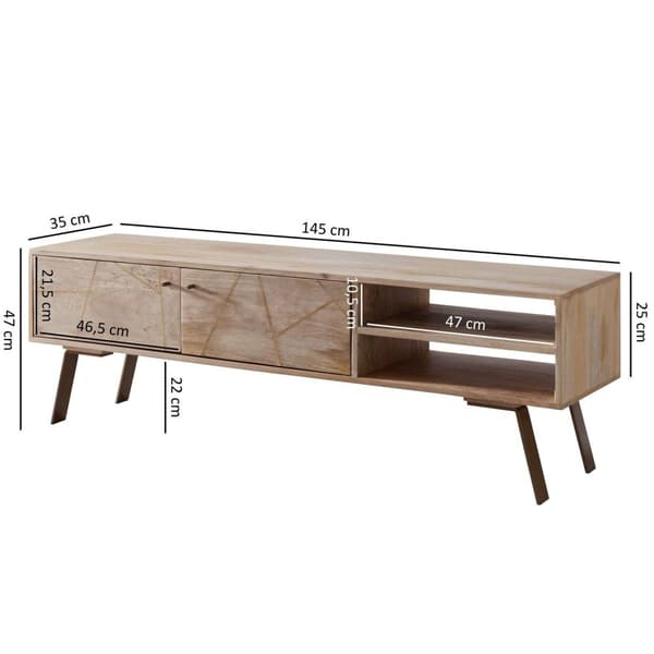 Rootz HiFi Lowboard Mango Solid Wood Country TV Kommode 145x47x35cm - Tv-skab Underskab med 2 døre - Tv-bord opbevaringsrum - Tv-kommode Tv-møbel - Tv