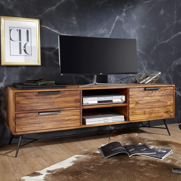 Rootz Lowboard 160x54x40 cm Sheesham Solid Wood - Designhifi-lauta säilytystilalla ja laatikoilla - Massiivipuinen TV-kaappi olohuoneessa - Teollinen