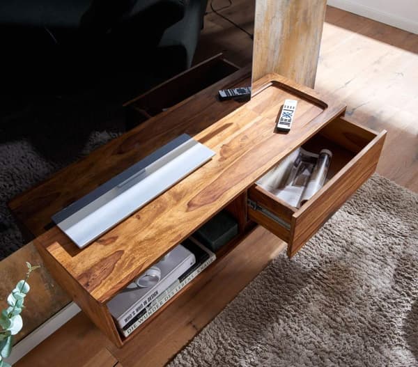 Rootz lowboard hængende massivt sheesham træ 108x25x34 cm TV skab brun - Design TV stativ med opbevaringsplads - TV skab væg moderne - TV kommode TV k
