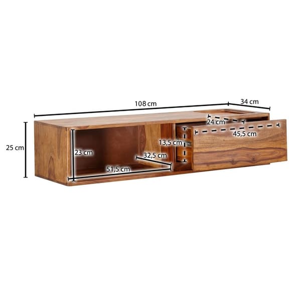 Rootz lowboard hængende massivt sheesham træ 108x25x34 cm TV skab brun - Design TV stativ med opbevaringsplads - TV skab væg moderne - TV kommode TV k