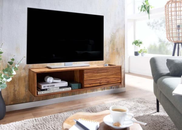Rootz lowboard hængende massivt sheesham træ 108x25x34 cm TV skab brun - Design TV stativ med opbevaringsplads - TV skab væg moderne - TV kommode TV k