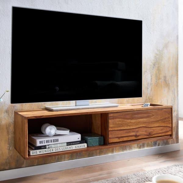 Rootz lowboard hængende massivt sheesham træ 108x25x34 cm TV skab brun - Design TV stativ med opbevaringsplads - TV skab væg moderne - TV kommode TV k