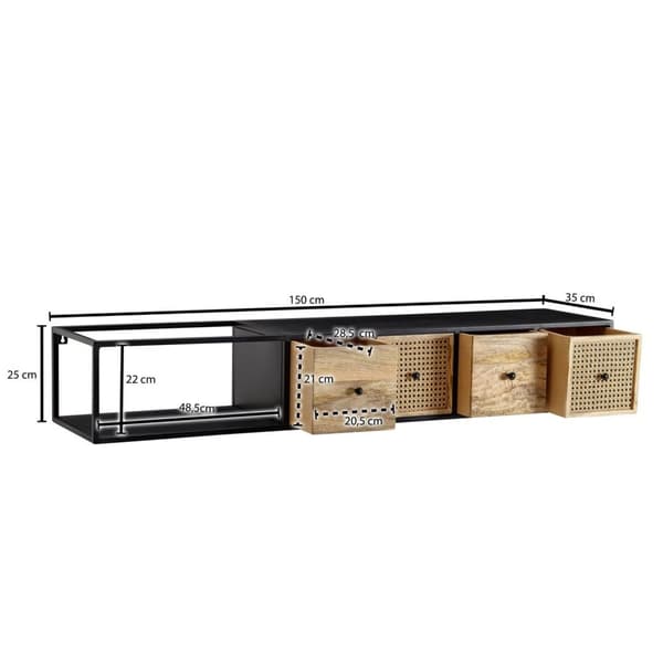 Rootz lowboard hængende mango massivt træ - metal 150x25x35 cm TV skab sort - Design TV stativ moderne - TV skab væg - TV kommode TV kommode til ophæn