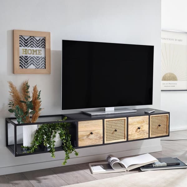 Rootz lowboard hængende mango massivt træ - metal 150x25x35 cm TV skab sort - Design TV stativ moderne - TV skab væg - TV kommode TV kommode til ophæn