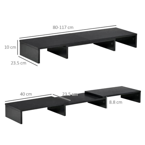 Rootz Monitor Stativ - 3 hyllor - Längd Vinkel Justerbar - Dubbelskärm Stativ - Trähylla - Bildskärmshållare för dator - Svart - 80-117 x 23,5 x 10 cm