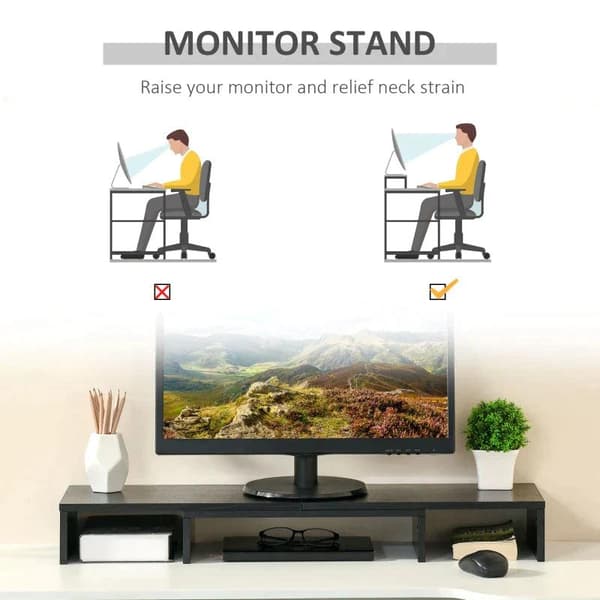 Rootz Monitor Stativ - 3 hyllor - Längd Vinkel Justerbar - Dubbelskärm Stativ - Trähylla - Bildskärmshållare för dator - Svart - 80-117 x 23,5 x 10 cm
