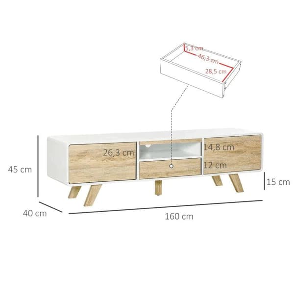 Rootz TV Cabinet - TV Stand - TV Lowboard Chest - Living Room Drawer - White/Natural - 160 x 40 x 45 cm