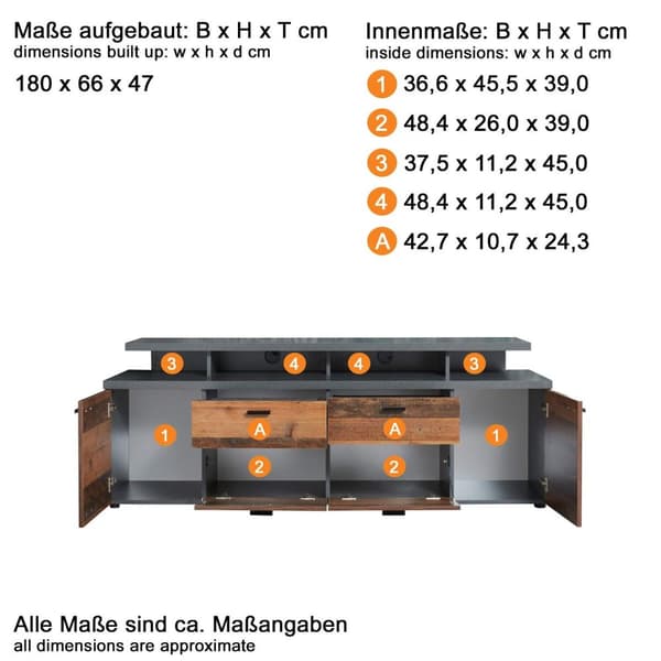 Rootz TV Lowboard - Media Console - Entertainment Stand - Television Cabinet - TV Bench - Media Stand - Dark Brown & Grey - 180x66x47 cm