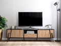 Miniatyrbild 4 av 11: TV bänk Ljus trä och Svarta Metallben för upp till 76ʺ med 1 Låda och 2 Byråar Industriell Stil