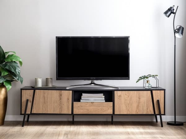 TV bänk Ljus trä och Svarta Metallben för upp till 76ʺ med 1 Låda och 2 Byråar Industriell Stil