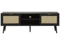 Miniatyrbillede 4 af 9: TV-bord Sort træmanufaktur med rattan fronter Kurvefletning Sorte gummitræsben 2 skabe Åbne hylder Skænk i boho-stil Stue