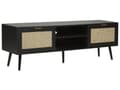 Miniatyrbillede 1 af 9: TV-bord Sort træmanufaktur med rattan fronter Kurvefletning Sorte gummitræsben 2 skabe Åbne hylder Skænk i boho-stil Stue
