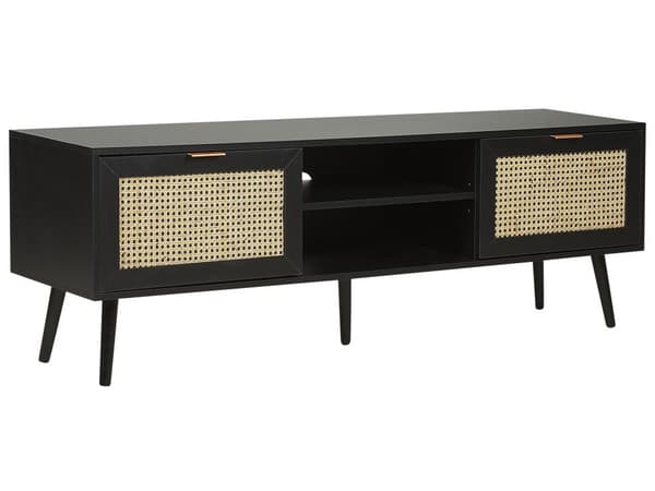 TV-bord Sort træmanufaktur med rattan fronter Kurvefletning Sorte gummitræsben 2 skabe Åbne hylder Skænk i boho-stil Stue