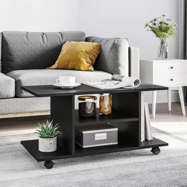 Rootz TV-bänk - TV-skåp - 4 hyllor - Öppen bakvägg - 4 hjul - Trä - Svart - 80 cm x 40 cm x 40 cm