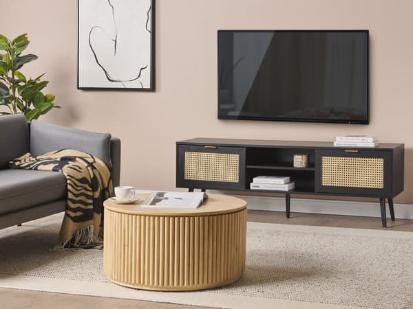 TV-bänk Svart tillverkat trä med fronter av rotting Korgflätning Svarta ben av gummiträ 2 skåp Öppna hyllor Skänk i boho-stil Vardagsrum