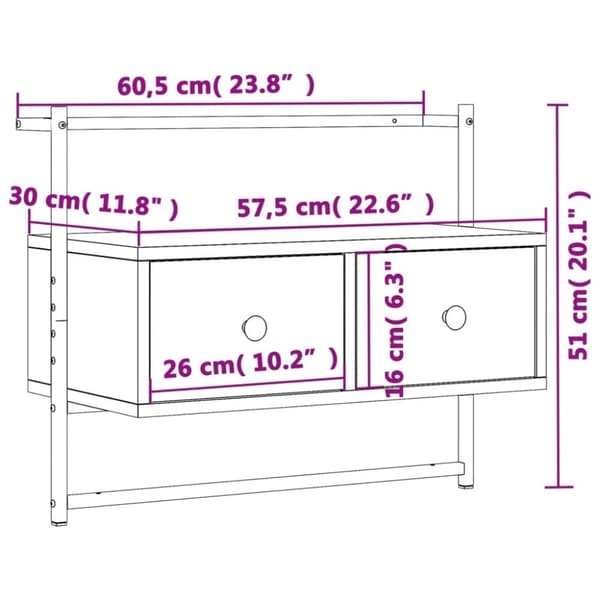 vidaXL TV-kaappi seinälle Sonoma-tammi 60,5x30x51 cm tekninen puu