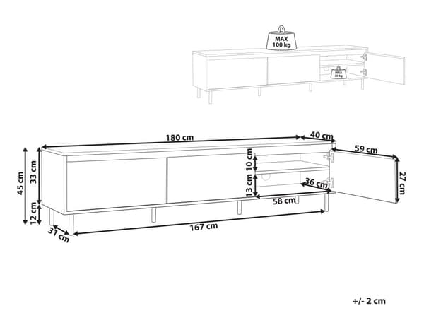 TV-benk Lyst tre Svarte metallben 180 x 40 x 43 cm 3 dører Moderne Minimalistisk Stue Oppbevaring