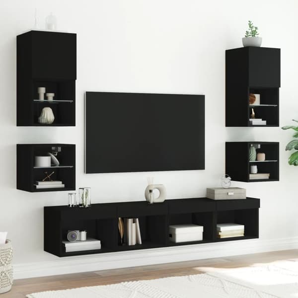 vidaXL Väggmonterade sängbord med LED-lampor 2 st svart